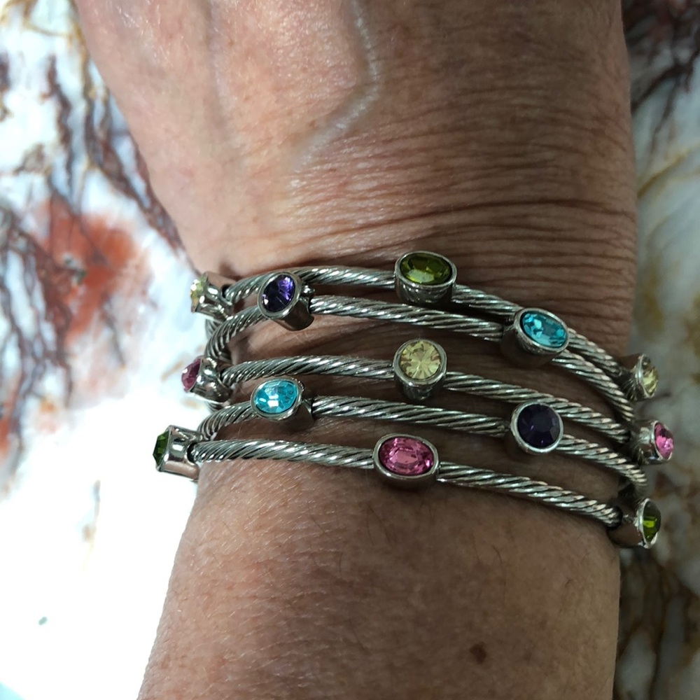 Silver bangle bracelet with colored crystals
